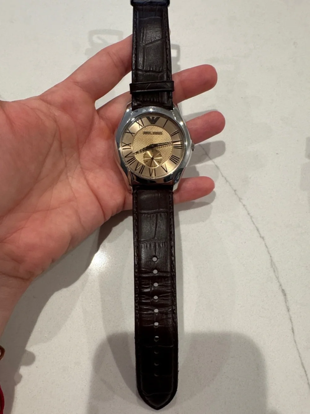 Emporio Armani Gold Dial Brown Leather Strap Watch